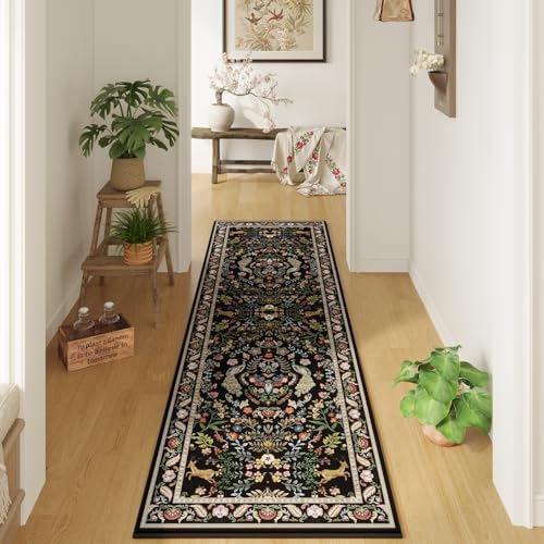 Runner Rug Washable Kitchen Runner 2'x6' Rug Floral Non-Slip for Entryway Indoor Soft Carpet for Hallways, Kitchen, Laundry, Bedroom, Bathroom (Vibrant Black)