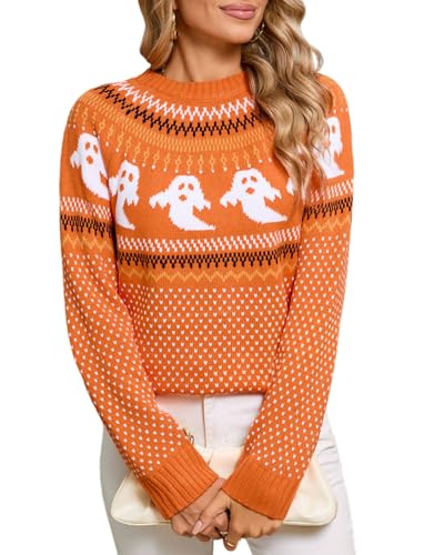 Image of Women's Fair Isle Sweaters Long Sleeve Crew Neck Loose Casual Halloween Pullover Sweater Orange Large
