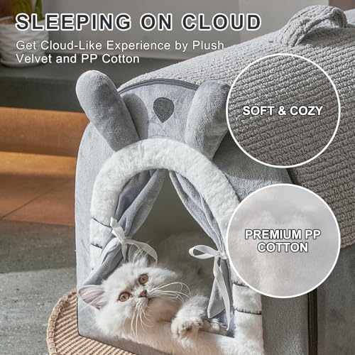 Jiupety Small Dog House Indoor, Dog Cave with Door Curtain Design, Puppy House with Reversible Washable Cushion, M Size Portable Pet Cave for Small Dogs Up to 12 Lbs, Non-Slip Bottom, Grey - Image 6