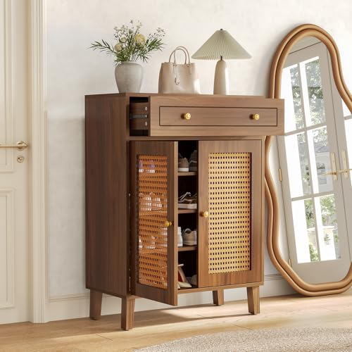 LITTLE TREE Shoe Cabinet for Entryway, 4-Tier Shoe Organizer with Adjustable Shelves & Drawer, Freestanding Brown Shoe Cabinets with Rattan Doors for Hallway, Bedroom, Living Room