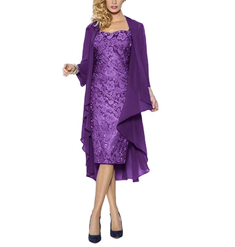Leader of the Beauty Women's Two Piece Lace Mother of The Bride Dress Tea Length with Chiffon Jacket Formal Dresses 18 Purple