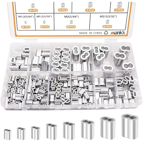 mankk 320 Pcs Aluminum Crimping Loop Sleeve 8 Sizes (3/64'' 1/16'' 5/64'' 3/32'' 1/8'' 5/32'' 3/16'' 1/4'') Wire Rope Sleeves Double Cable Ferrules Kit M-109-320 Cover