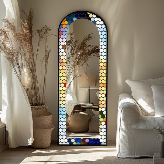 23,5’’W x 67’’H Polka Pop Spectrum – Color Dot Modern Floor Mirror Arched Full Lenght Mirror - Arch Full Body Stained Floor Mirror with Black Frame with Silver Frame