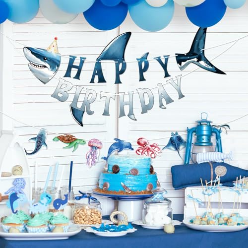 Image of Hooqict Ocean Birthday Party Decorations Shark Happy Birthday Banner Garland Sea Ocean Party Banner for Kids Boys Under The Sea Animal Themed Party Decorations