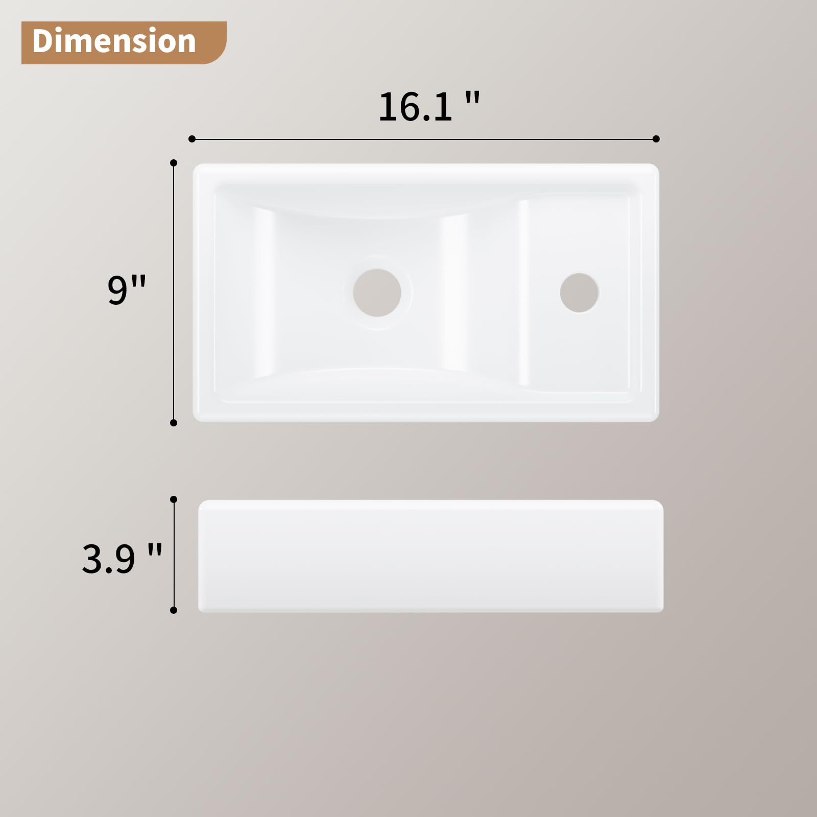 Fregadero rectangular flotante de porcelana de cerámica blanca de 40,6 x 22,8 cm, para montaje en pared, para mano derecha