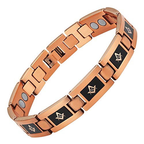 MasonicMan Mens Pure Copper Freemasonry Masonic Bracelet with Contrasting Square and Compass Ajusting Tool and Gift Box