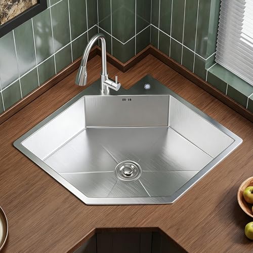 Fregadero Cocina Empotrable de Acero Inoxidable con Estación de Trabajo de Esquina, Fregadero Cocina 1 Seno Irregular con Grifo Extraíble y Kit de Desagüe(Silver,77.5x54cm/30.5x21.3in)