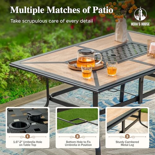 Image of HERA'S HOUSE Outdoor Dining Table for 6, Long Metal Table w /Umbrella Hole