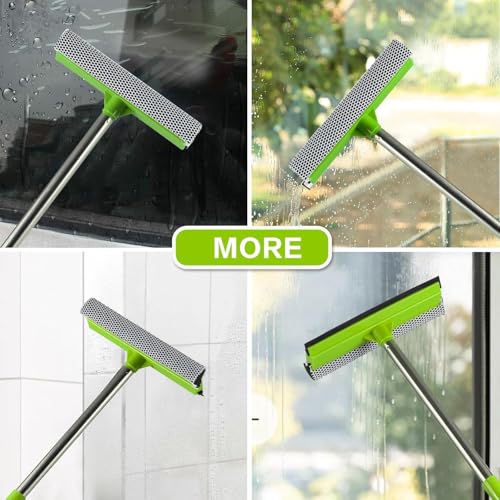 Image of 2-in-1 Window Squeegee with 30 inch-59 inch Stainless Steel Adjustable Handle - Glass Cleaner for Shower Doors, Car Windshield & High Outdoor Windows (Green)