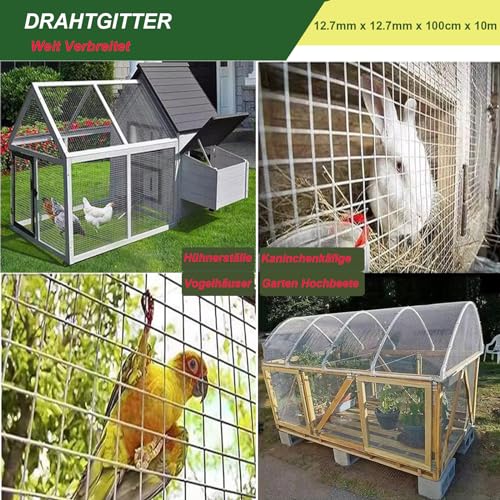 YAGJIA Wühlmausgitter 1m x 10m, Volierendraht 12.7mm x 12.7mm, Maschendraht Drahtgitter verzinkt, Metallgitter als Hasendraht Kaninchendraht Hühnerdraht, 0,7mm