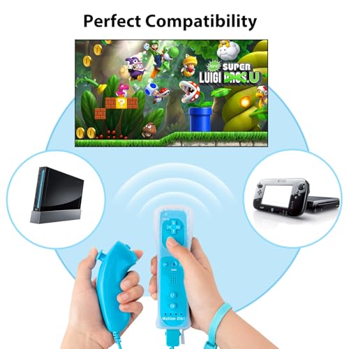 Image of HZIME Replacement Remote Controller Compatible for Wii & Wii U, Built-in 2 in 1 Motion Plus with Silicon Case and Nunchuck (2 Pack Blue & Red)