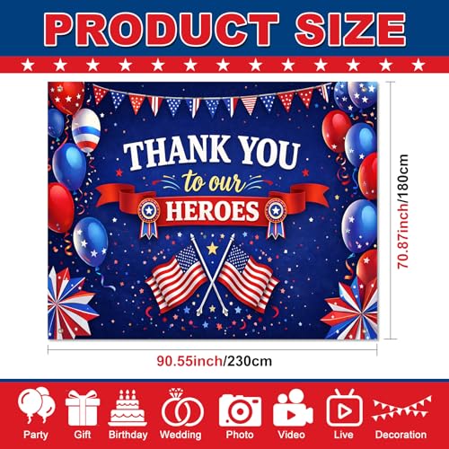 Image of BlissYard Thank You Heroes Backdrop 8x6ft 4th of July Patriotic Party Banner Veterans Appreciation Decorations Military Appreciation Decor Independence Day Celebration Patriotic Event Decoration