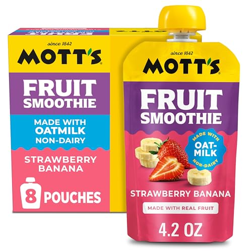 Mott’s Fruit Smoothies Strawberry Banana, 4.2 oz clear pouches, 8 Pack, Non-dairy, Made With Oatmilk, Made With Real Fruit, Good Source of Calcium, On-the-Go