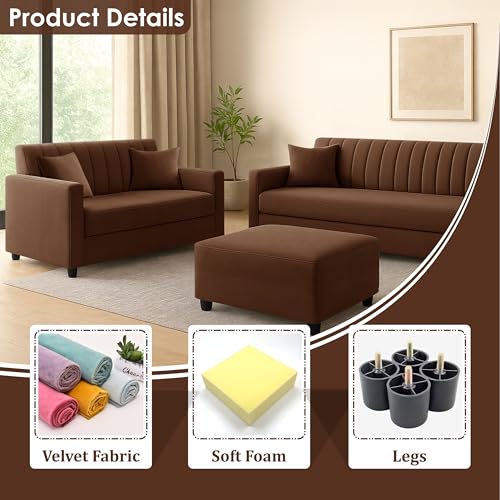 Image of 3+2 Fabric Sofa Set with Ottoman for Living Room | Modern Upholstered 5-Seater Couch | Soft Cushion, Premium Velvet Fabric-Brown