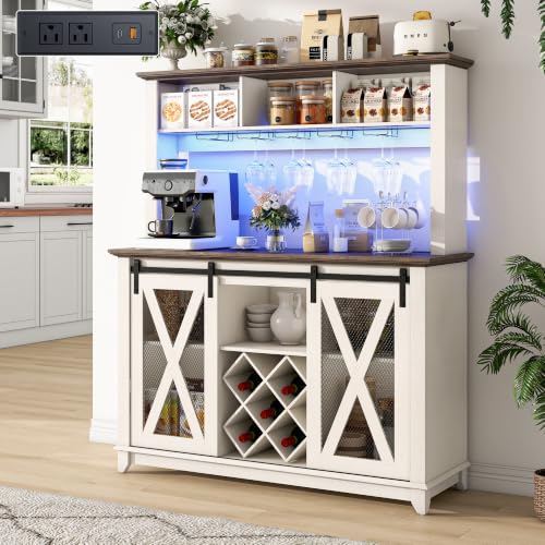 Image of Hlivelood 47 inch Wide 56 inch H Farmhouse Coffee Bar Cabinet with Power Outlet and LED Light,Wine Bar Cabinet w /3 Storage Hutch(White)