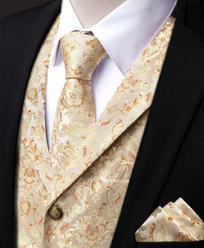 Men’s Silk Tuxedo Vest Set Formal Waistcoat with Necktie, Pocket Square & Cufflinks for Wedding or Business Party3