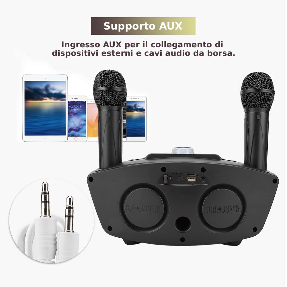 ASHATA Impianto Karaoke,Cassa Impianto Audio Karaoke con Microfono Professionale Karaoke con 2 Microfoni Wireless, Supporta Ingresso AUX,Buon Regalo per Bambini Adulti (Nero)