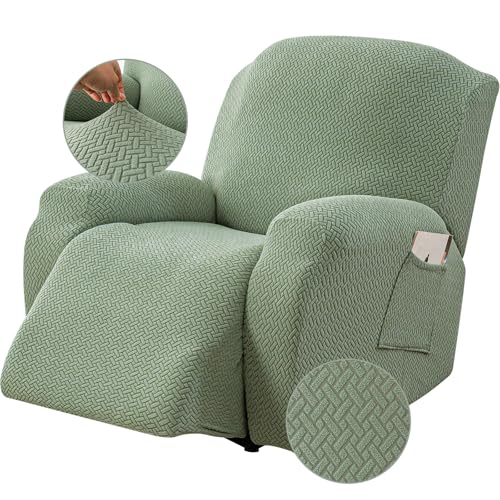 Image of Genina Recliner Chair Cover, Stretch Reclining Chair Covers, Recliner Sofa Slipcovers Stripe Jacquard Lazy Couch Covers Furniture Protector Covers for Pet Kid (Matcha Green, 1 Seat)