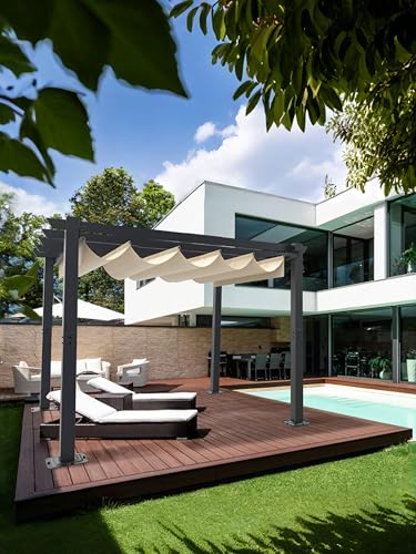 Image of KYBOLT 10'X10' Aluminum Pergola with Retractable Pergola Canopy, Lawn Shade Shelter for Backyard, Outdoor Party, Garden, Grill Gazebo, Deck (Khaki)