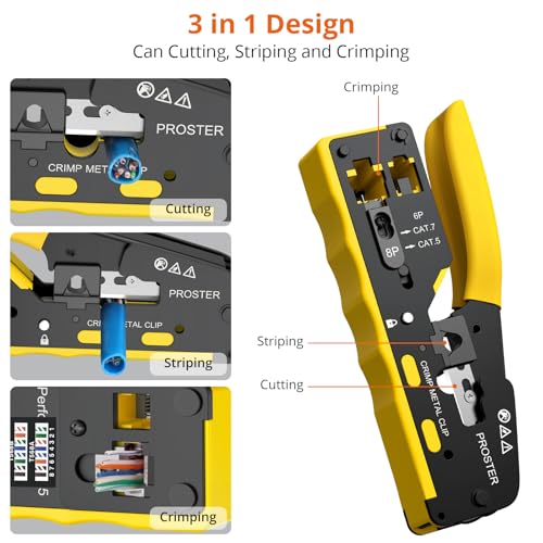 Proster RJ45 Crimp Tool Kit - Cat7 Krimpgereedschap voor 8P RJ45 CAT5 Cat6 CAT7 & 6P RJ11 RJ12 Connector RJ45 Krimptang met Netwerk Kabel Tester 50 STKS Pass Through Connectors 50 STKS Beschermende - Afbeelding 3