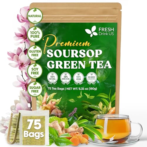 Image of FreshDrinkUS, Premium 75 Tea Bags Soursop Green Tea, 100% Natural & Proprietary Blend from Soursop Leaves and Green Tea. Smooth Flavor. Made with Eco-Conscious Tea Bags. No Additives No Sugar, Vegan.