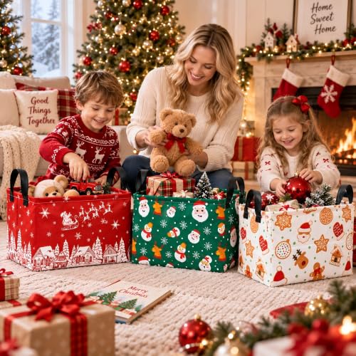 Image of Christmas Storage Baskets 3 Pack with Handles, Kids Laundry Hamper Storage Organizer Bin for Nursery Room,Rectangular Bins for Clothes, Toys and Holiday Gifts