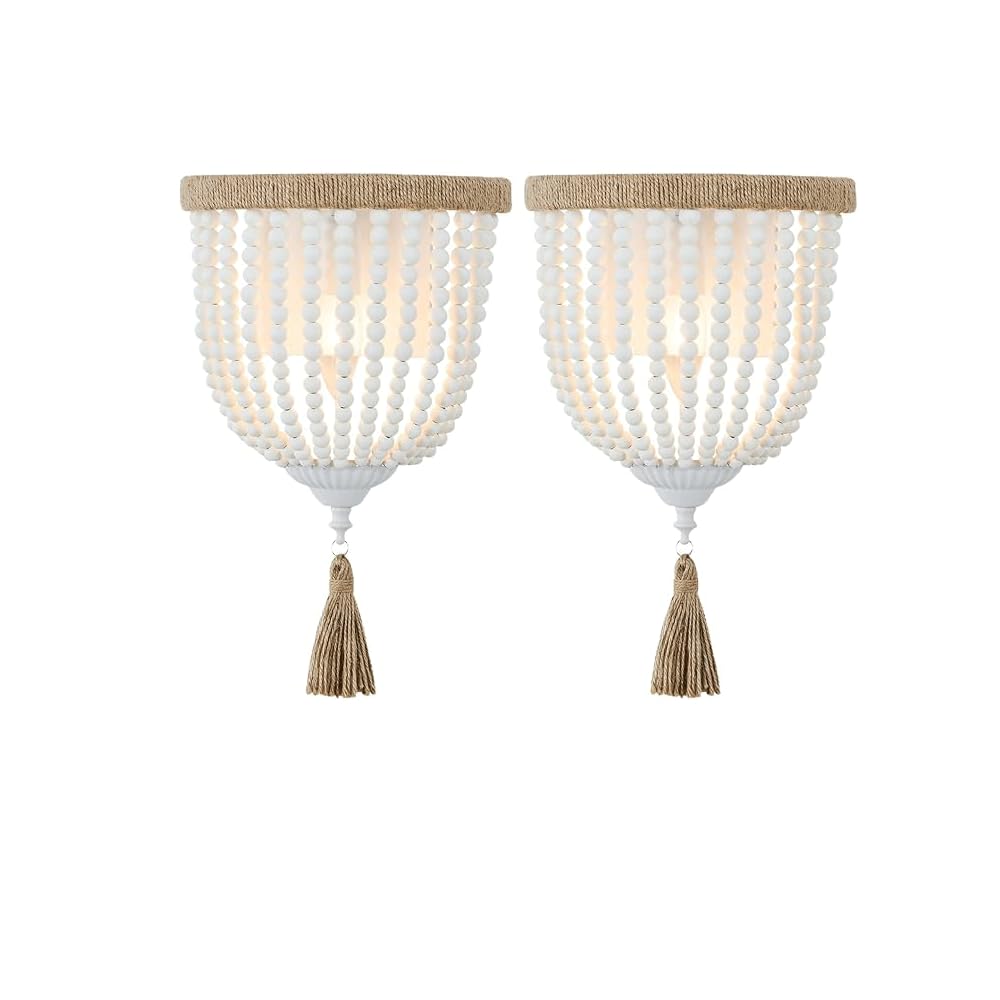 LYMSXAZOU Bohemia Wood Beaded Wall Sconces Bedside Antique Rustic Sconce Lighting Fixture White Finishing for Bedroom, Hallway, Entryway, Passway, Bathroom, Vanity 2 Pack