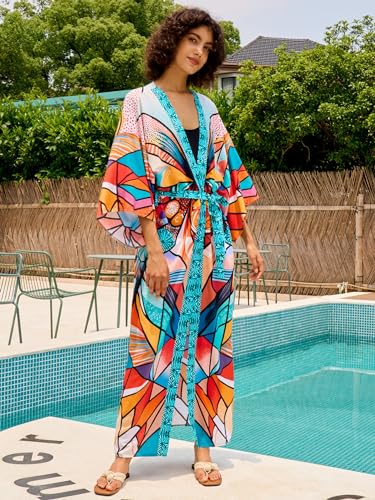 Image of Women's Kimono Cover Up Long Beach Dress Swimsuit Cover Ups Colorful Cardigan Lightweight Robe for Swimwear