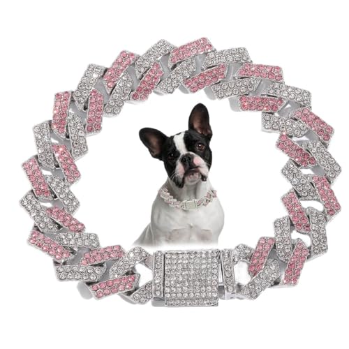 Pink Dog Chain Necklace with Diamond, Bling Cuban Link Puppy Collars Glitter Rhinestone Cat Jewelry for Small Medium Large Pet Dogs, 8-Inch