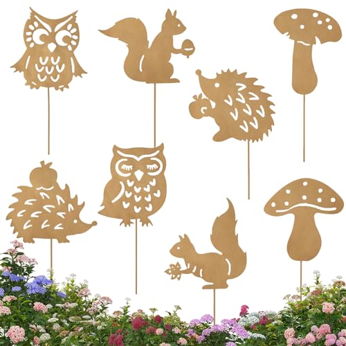 CHENBOOW Décoration Jardin,8 Pièces Decoration Automne 25cm,Piquets de Jardin en Métal Rouillé,Forme d'animaux Rouillés,Decoration Exterieur Rouillé,pour...