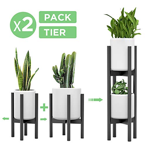 2 Pack Indoor Plant Stands, 2 Tier Tall Plant Stand 30 inches, Mid Century Bamboo Plant Stand, Adjustable Width 8-12 inches, Fits Pot Size of 8 9 10 11 12 inches Pot & Plant Not Included, Black