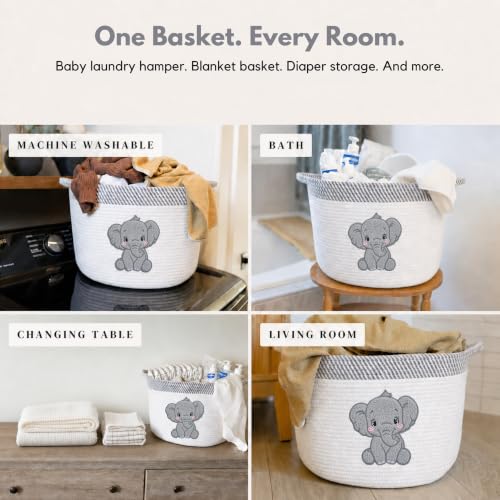 Image of Elephant Baby Storage Basket, Woven Cotton Rope Nursery Bin, 15x11 in | Stuffed Animal and Blanket Storage, Soft Felt Elephant Patch, Neutral Baby Room Decor, Baby Shower, Kids Playroom Organizer