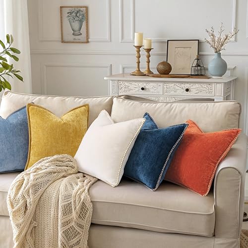 Image of decorUhome Fall Patriotic Chenille Soft Cozy Throw Pillow Covers 20x20 Set of 2, Coastal Modern Farmhouse Boho Velvet Decorative Pillow Cases with Stitched Edge for Couch Sofa Bed Home Decor, Poseidon