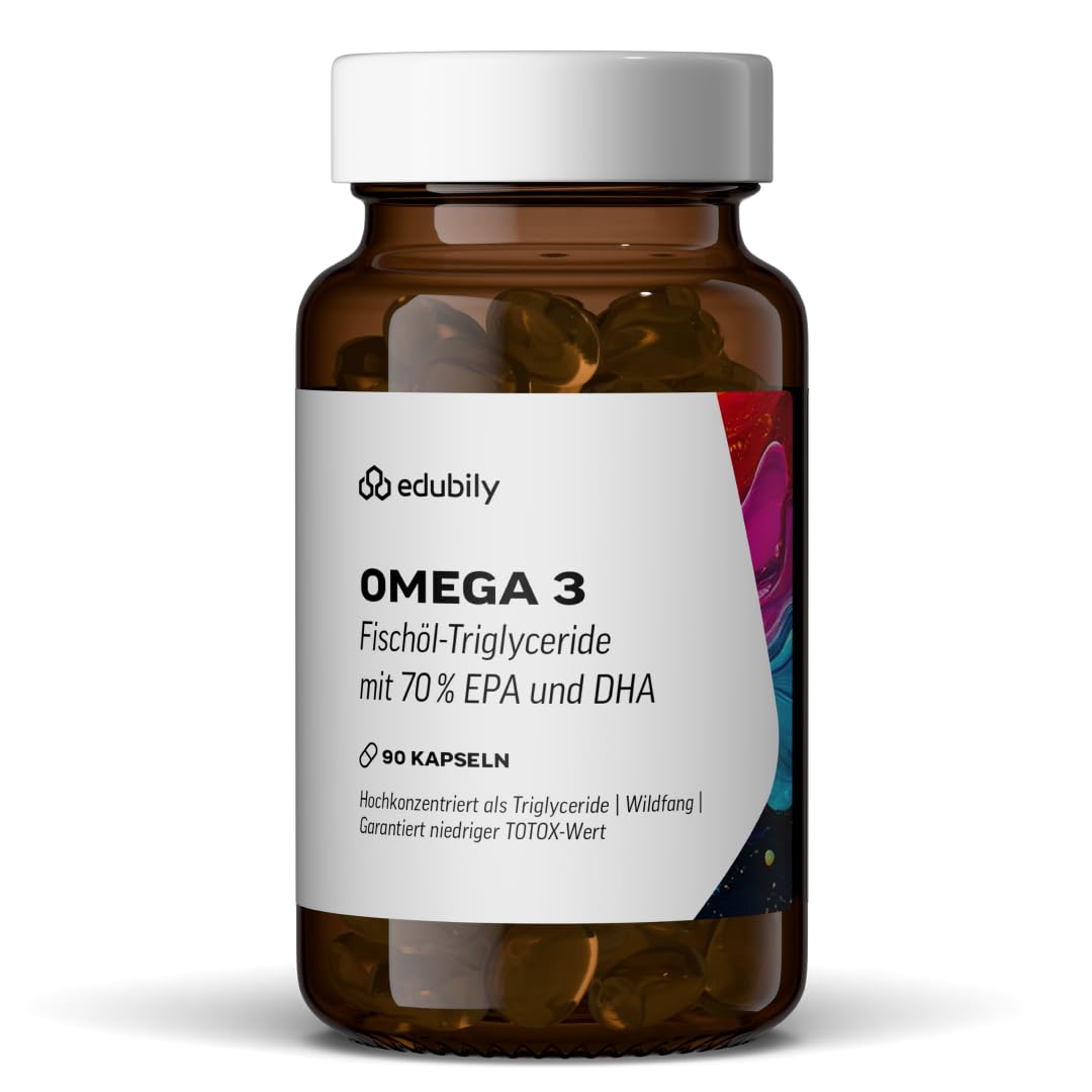 edubily® Omega-3 Fischölkapseln - 70% Omega 3-Gehalt - Kleine EPA DHA Kapseln in pharmazeutischer Qualität aus nachhaltigem Wildfang (90 Kapseln)