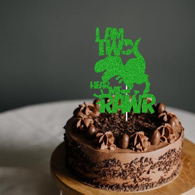 Image of I'm Two Hear Me Rawr Cake Topper | Green Glitter Cake Topper for Second Birthday | Animal Theme Happy Birthday Cake Decorations | Birthday Party Decorations | Kids Party