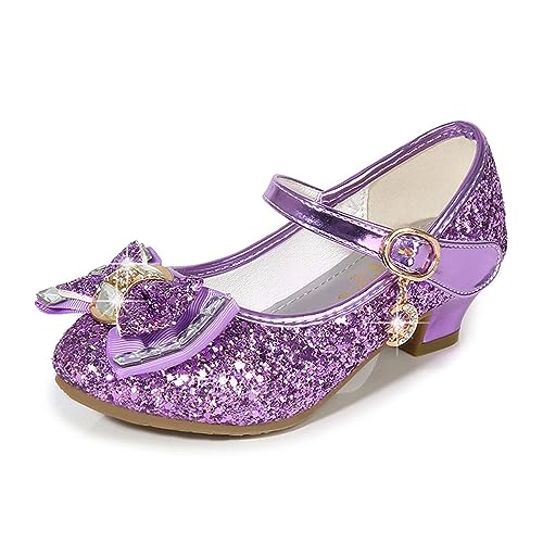 Yoawdats Girls Toddler Dress Shoes Sparkly Ruby Bowkno Flowert Wedding Party Bridesmaids Low Heel Princess Shoes for Kids (Purple, 17.7 cm)3