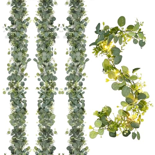 Guirlande d'eucalyptus artificielle lumineuse 1,8m lot de 4 avec fleurs