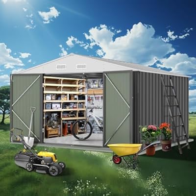 GarveeLife 12 x 10 Ft Outdoor Storage Shed with Updated Frame Structure & Lockable Door, Waterproof Practical Garden Patio Lawn Poolside Metal Tool Shed Designed for Organization & Storage, Gray