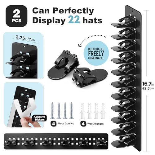 2 Pack Hat Organizer for Baseball Caps, Detachable DIY Hat Rack for Wall Hat Holder Hold up to 22 Hats, Baseball Cap Organizer Cap Holder Hat Hangers for Wall Closet Door Bedroom (C-Black) - image 2