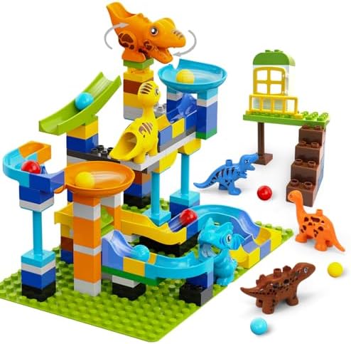 Marble Run Building Blocks for Kids Ages 3+ | 121-Piece Dinosaur STEM Toy with 6 Dinosaurs & 2 Baseplates | Durable Construction Set with Step-by-Step Guide