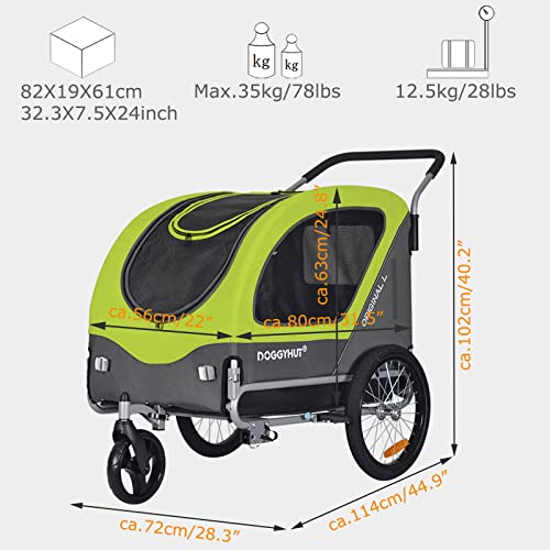 Doggyhut Original Large Fahrradanhänger & Hundebuggy 2 in 1 für Hunden bis 35kg Hundeanhänger Jogger Hundewagen mit Feststellbremse Tiggo (Grün)