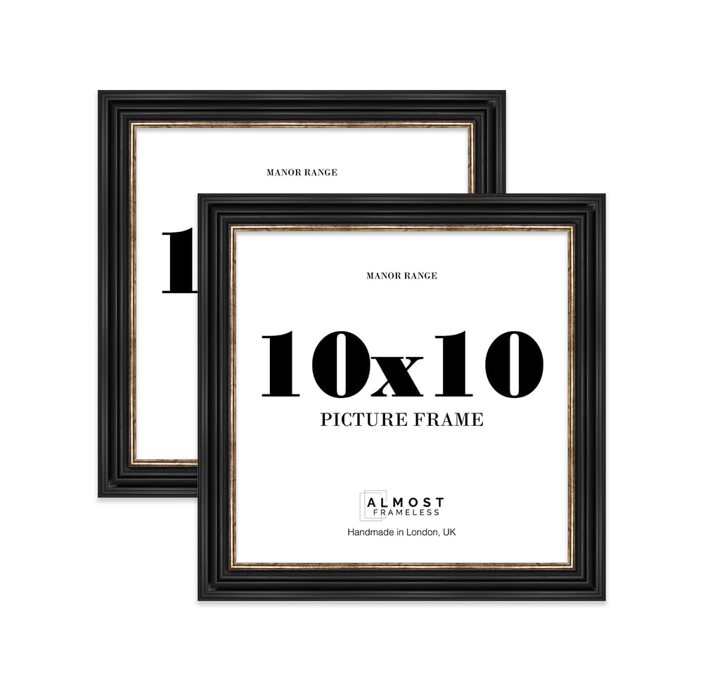 10x10 Picture Frame, Display 10x10 Pictures (25.4 x 25.4cm) - Black & Gold Vintage 42mm Edge Frame for Home Décor - 2 Pack