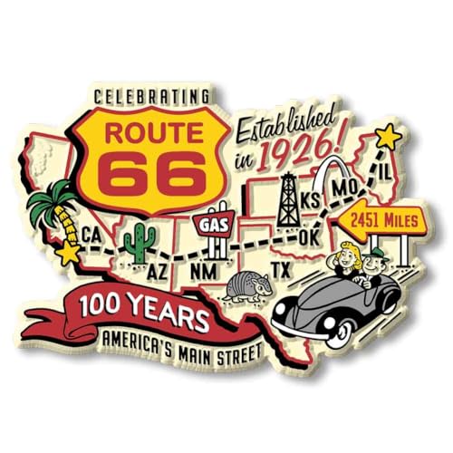 Route 66 100 Years Map Magnet by Classic Magnets, 4" x 2.8", Collectible 3D Rubber Vintage-Style Souvenirs and Gifts Made in The USA