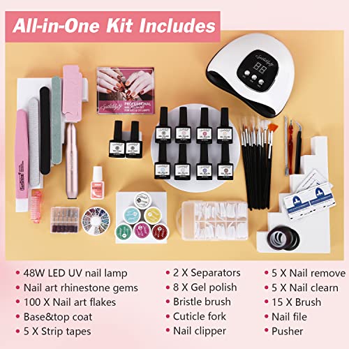 Spththhpy 8 And 6 Colors Gel Nail Polish Starter Kit With 48W Uv Light - White Blue Red Gel Manicure Kit - Wipe Base Top Coat - Salon Nail Art Decorations - European Standard Plug Requires Own Adapter #TOP5