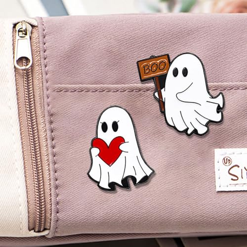 Image of Halloween Cute Ghost Brooches Lapel Pins for Women Funny White Love Heart Boo Ghost Pins Lapel Collar Jeans Hats Shirt Jackets Backpacks Badge Brooches Pins for Women Halloween Holiday Accessory Jewelry