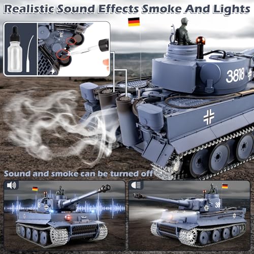 Image of Supdex 1 /16 RC Tank, Heng Long Metal Tiger I Army Toy with Smoke, Sound and Lights, Remote Control Tank that Shoots with Upgraded Metal Tracks, Idler and Sprocket Wheel, Steel Gearbox, Batteries*2