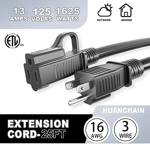 Huanchain Indoor Outdoor Black Extension Cord 25 Ft Waterproof, 16/3 Gauge Flexible Cold-Resistant Appliance Cord Outside, 13A 1625W 16Awg Sjtw, 3 Prong Heavy Duty Electric Cord thumb #6