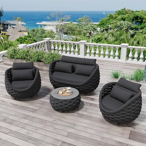 4-Pieces-Outdoor-Patio-Furniture-Set-All-Weather-Textilene-Patio-Conversation-Set-Patio-Sofa-and-Loveseat-Set-with-Table-Cushions-for-Bistro-Poolside-Garden-Backyard-Hotel-Dark-Gray