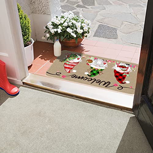 Image of TREWAVE Christmas Welcome Decorative Doormat, Christmas Gnome Buffalo Plaid Door Mat, Non Slip Entrance Floor Rug, 29 x 17 Inch