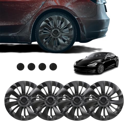 Radkappe in Mattschwarz kompatibel mit Tesla Model Y 19 Zol Radzierblenden 4 er Set ABS Felgenschutz Ersatzabdeckung Unterstützung Logo Symmetrie Design für Felgenabdeckung für Autofelgen